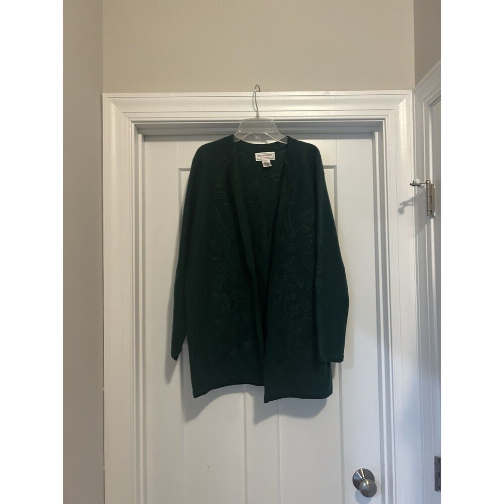 Women's Open Knit Long Cardigan Sweater Embroidered Size Medium Dark Green Wool